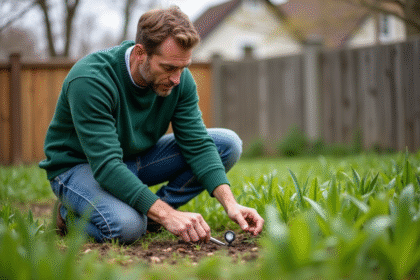 Homme au jardin inspectant la pelouse au printemps