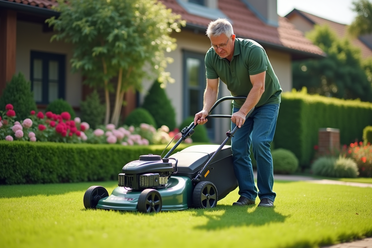 Homme inspectant une tondeuse moderne dans un jardin