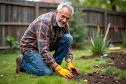 Homme d'âge moyen en jeans et chemise à carreaux jardinant