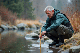 Homme en waders mesure le niveau d'eau d'un étang naturel