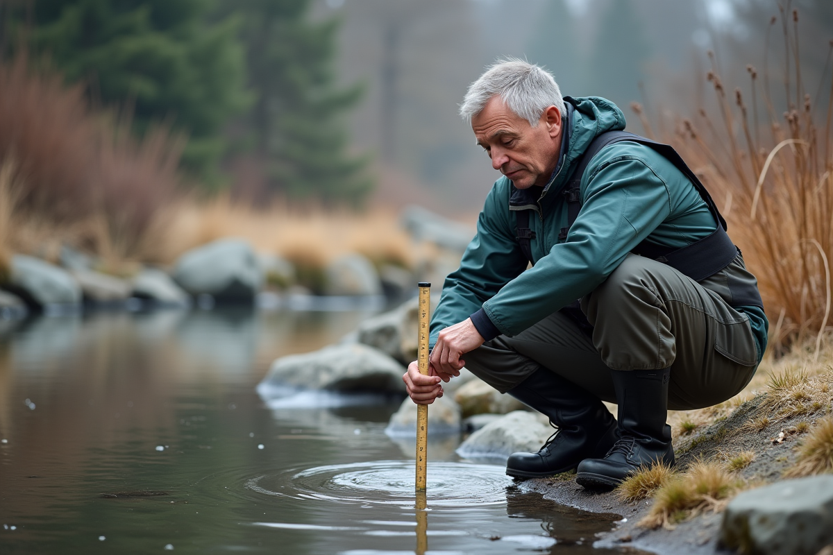 Homme en waders mesure le niveau d'eau d'un étang naturel