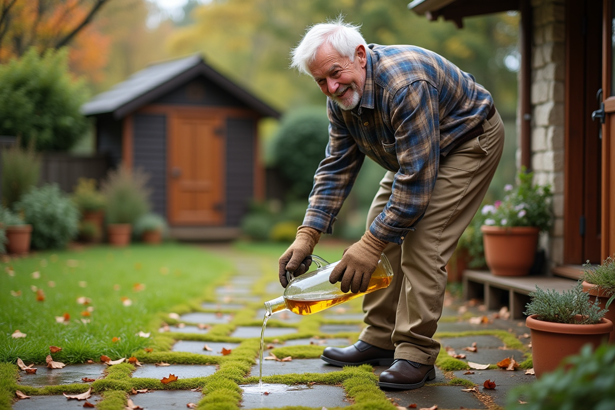 Homme âgé versant du vinaigre sur la mousse dans son jardin