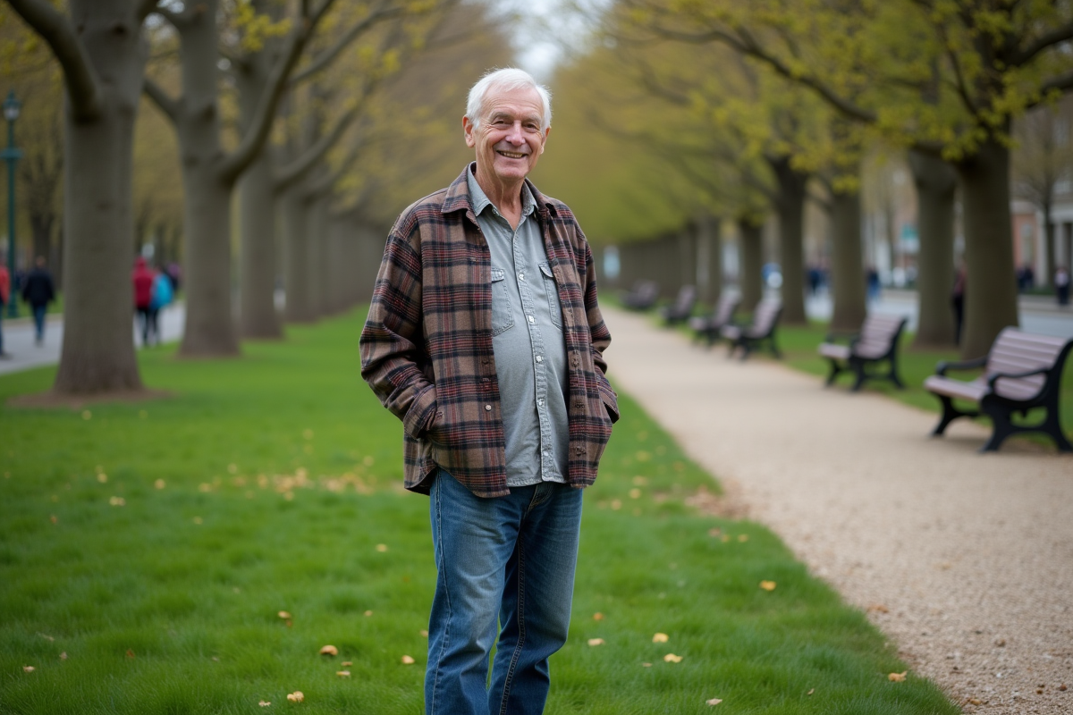 Homme senior debout sur une pelouse urbaine en parc public
