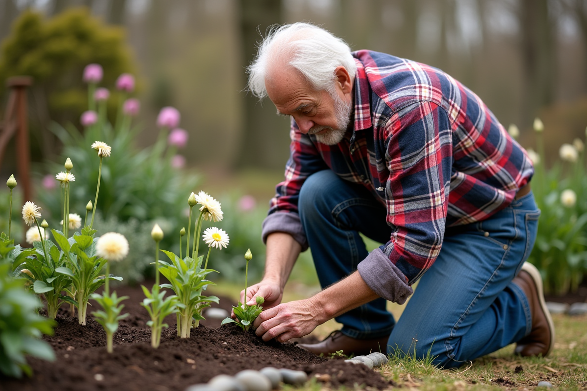Homme plantant des tubers de dahlia dans le jardin au printemps