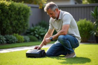 Homme en jeans programme une tondeuse robot dans le jardin