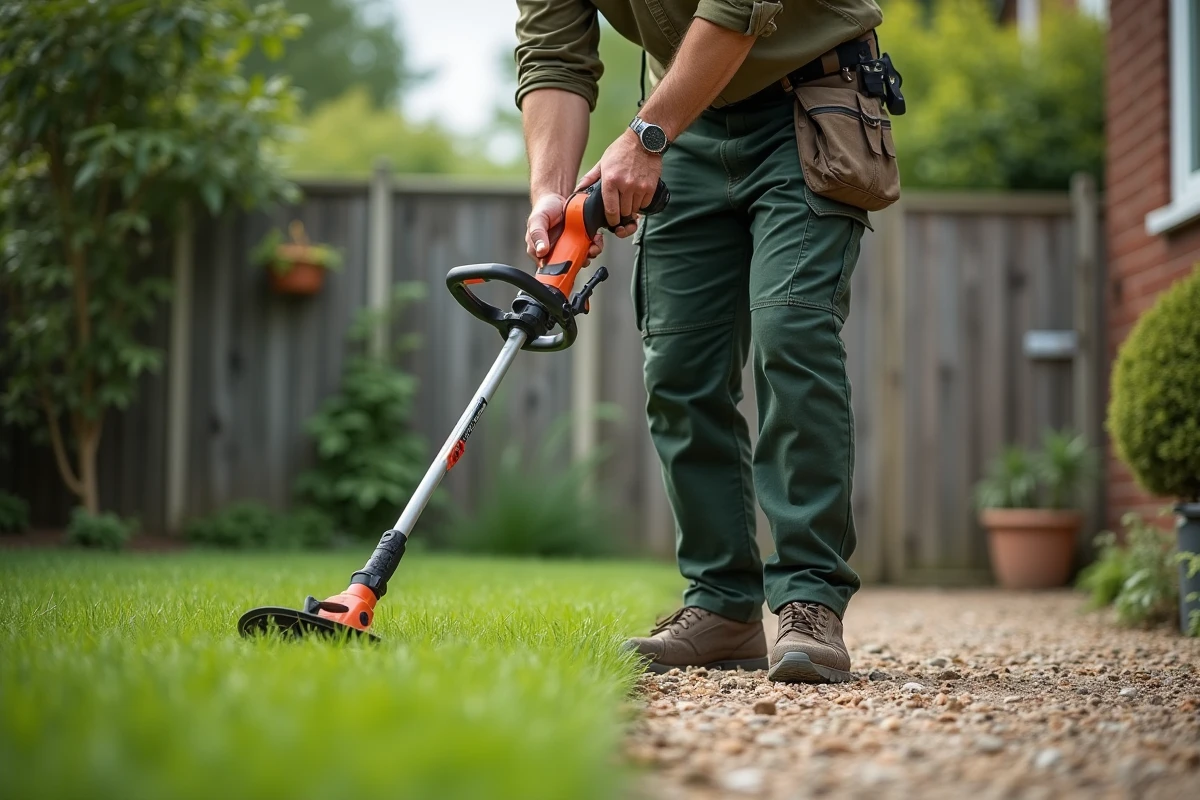 Homme utilisant un rotofil électrique pour entretenir la bordure d'une pelouse de jardin