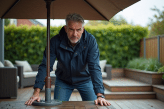 Homme d'âge moyen sécurisant un parasol sur une terrasse urbaine