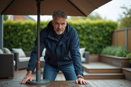 Homme d'âge moyen sécurisant un parasol sur une terrasse urbaine