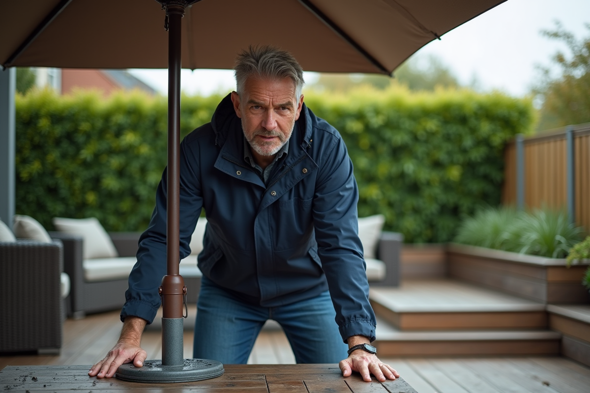 Homme d'âge moyen sécurisant un parasol sur une terrasse urbaine