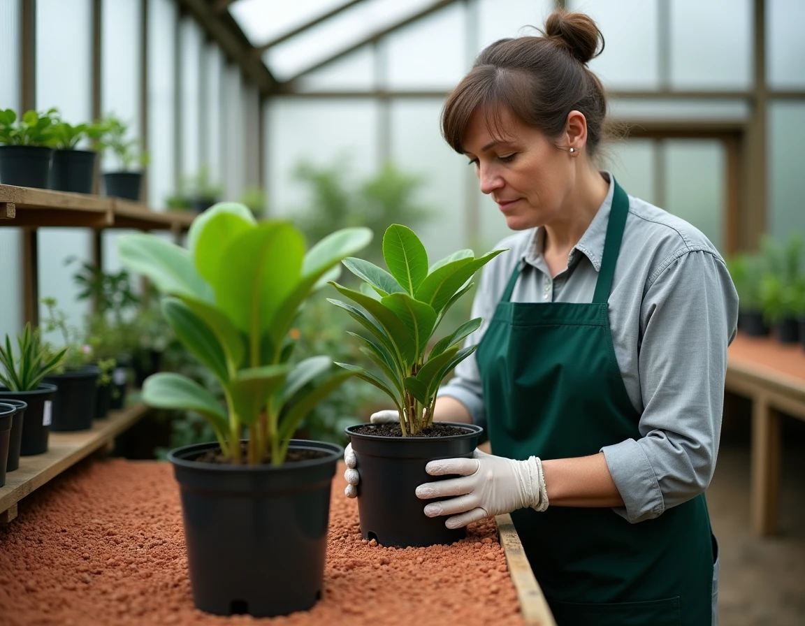 Horticultrice comparant deux jeunes plants de Pittosporum en pots dans une serre professionnelle