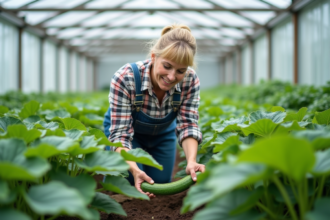 Femme horticultrice inspectant des plants de concombre en serre