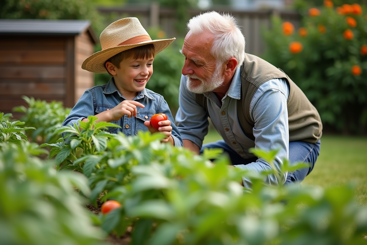 Petit garçon et grand-pere inspectant des plants de tomates dans le jardin