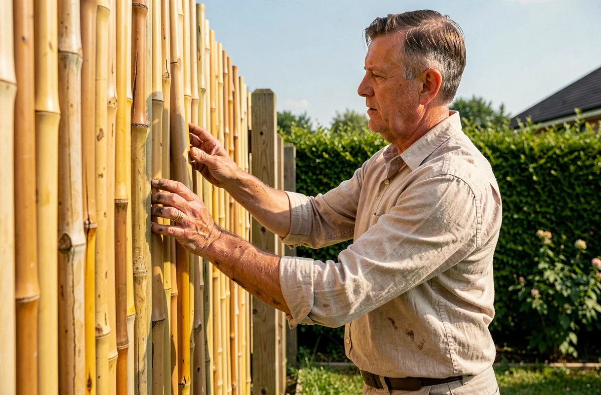Homme installant un brise vue en bambou le long d'une clôture de jardin en milieu résidentiel