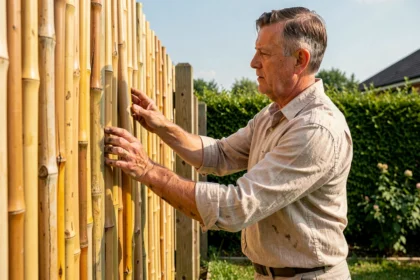 Homme installant un brise vue en bambou le long d'une clôture de jardin en milieu résidentiel