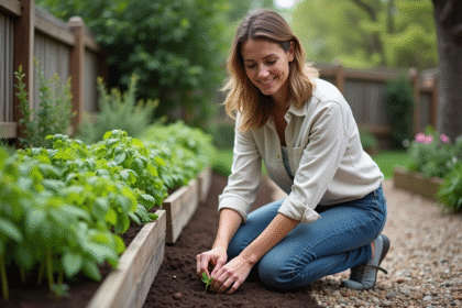 Femme plantant du basilic dans un jardin d'herbes extérieur
