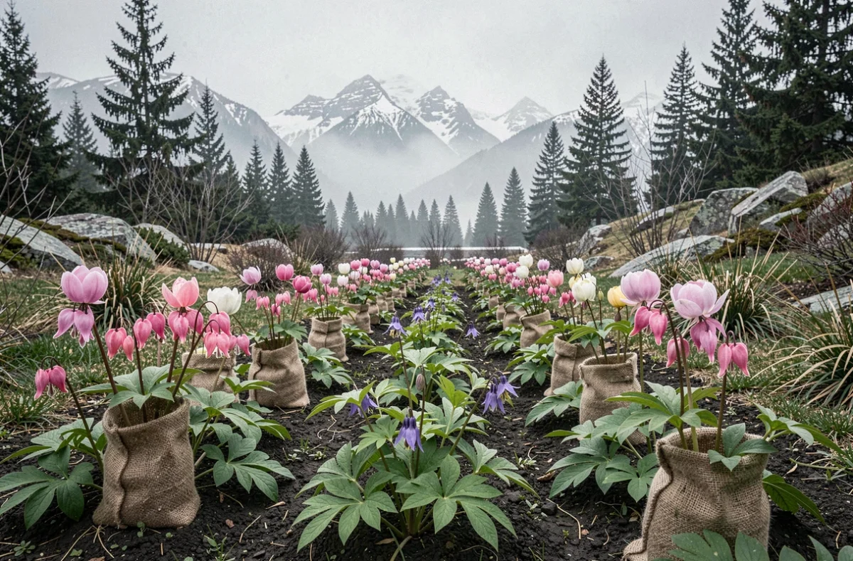Jardin de montagne en mai avec pivoines et ancolies émergentes protégées par de la toile de jute avec des sommets enneigés en arrière-plan