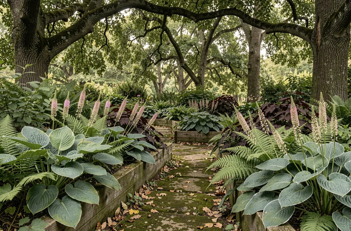 Coin de jardin ombragé planté d'hostas, fougères et astilbes sous un couvert d'arbres matures, avec un chemin en pierre moussu