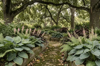 Coin de jardin ombragé planté d'hostas, fougères et astilbes sous un couvert d'arbres matures, avec un chemin en pierre moussu