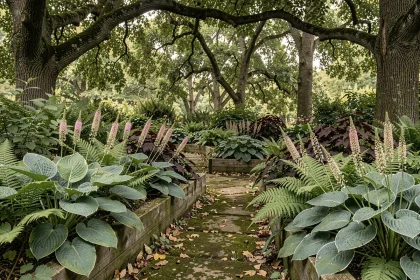 Coin de jardin ombragé planté d'hostas, fougères et astilbes sous un couvert d'arbres matures, avec un chemin en pierre moussu