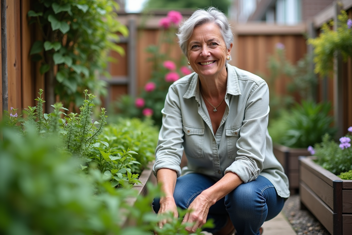 Femme d'âge moyen en jardin urbain avec herbes en pot