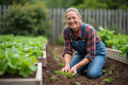 Femme en salopette en jean dans un jardin potager