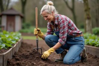 Femme en jeans et gants de jardinage travaille la terre