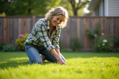 Femme d'âge moyen en tenue de jardinage dans un jardin paisible