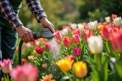 Jardinier appliquant fertilisant aux roses et tulipes en plein jour