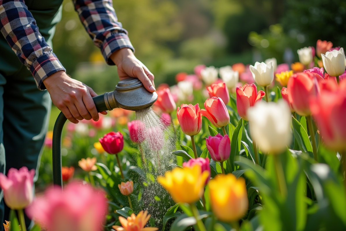 Jardinier appliquant fertilisant aux roses et tulipes en plein jour