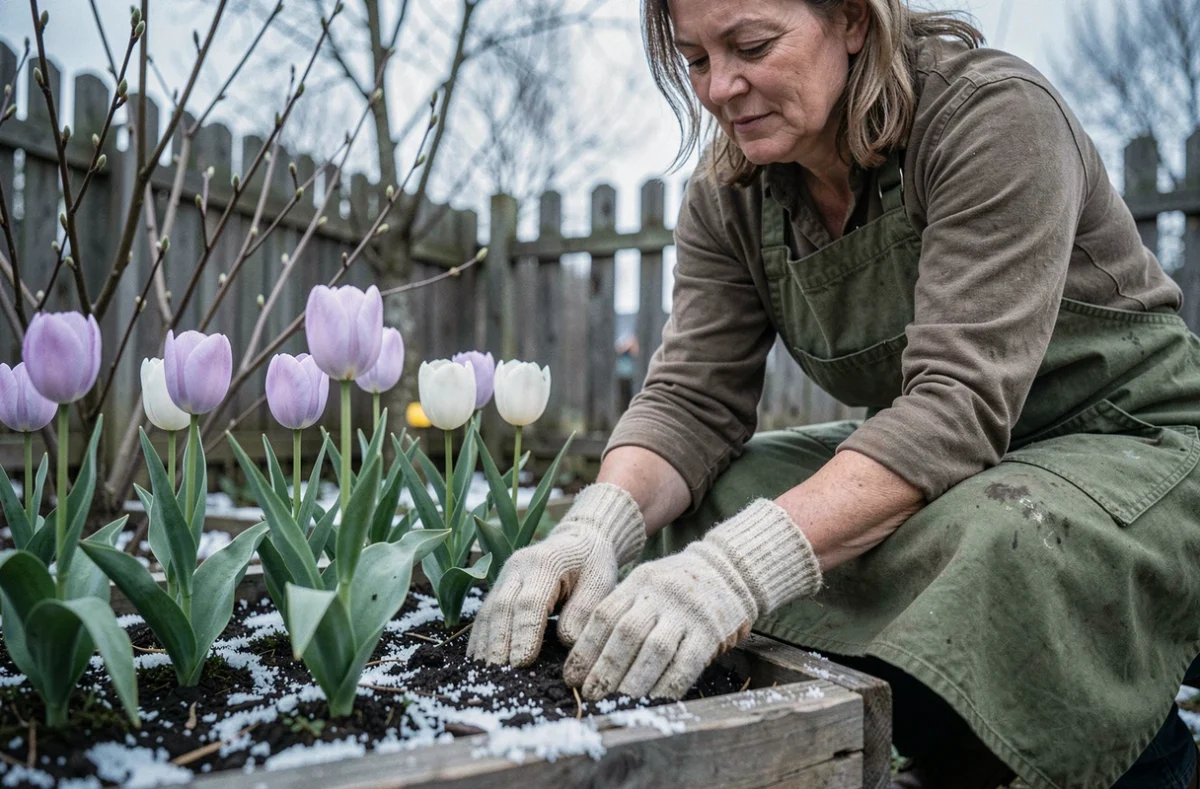 Jardinière en gants de laine replantant des tulipes dans un bac en bois avec du givre au sol en mai dans un jardin nordique