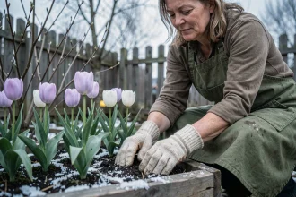 Jardinière en gants de laine replantant des tulipes dans un bac en bois avec du givre au sol en mai dans un jardin nordique