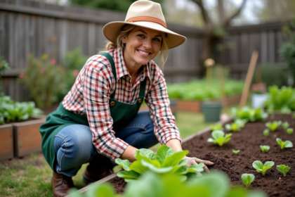 Femme jardinant avec chapeau et tablier dans son potager