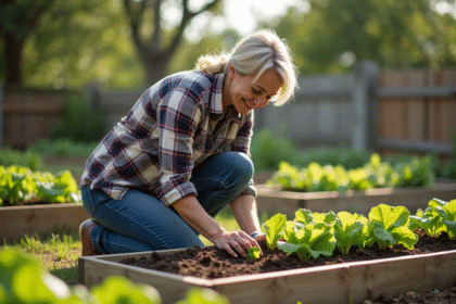 Femme plantant des jeunes laitues dans un jardin communautaire