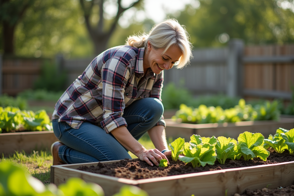 Femme plantant des jeunes laitues dans un jardin communautaire