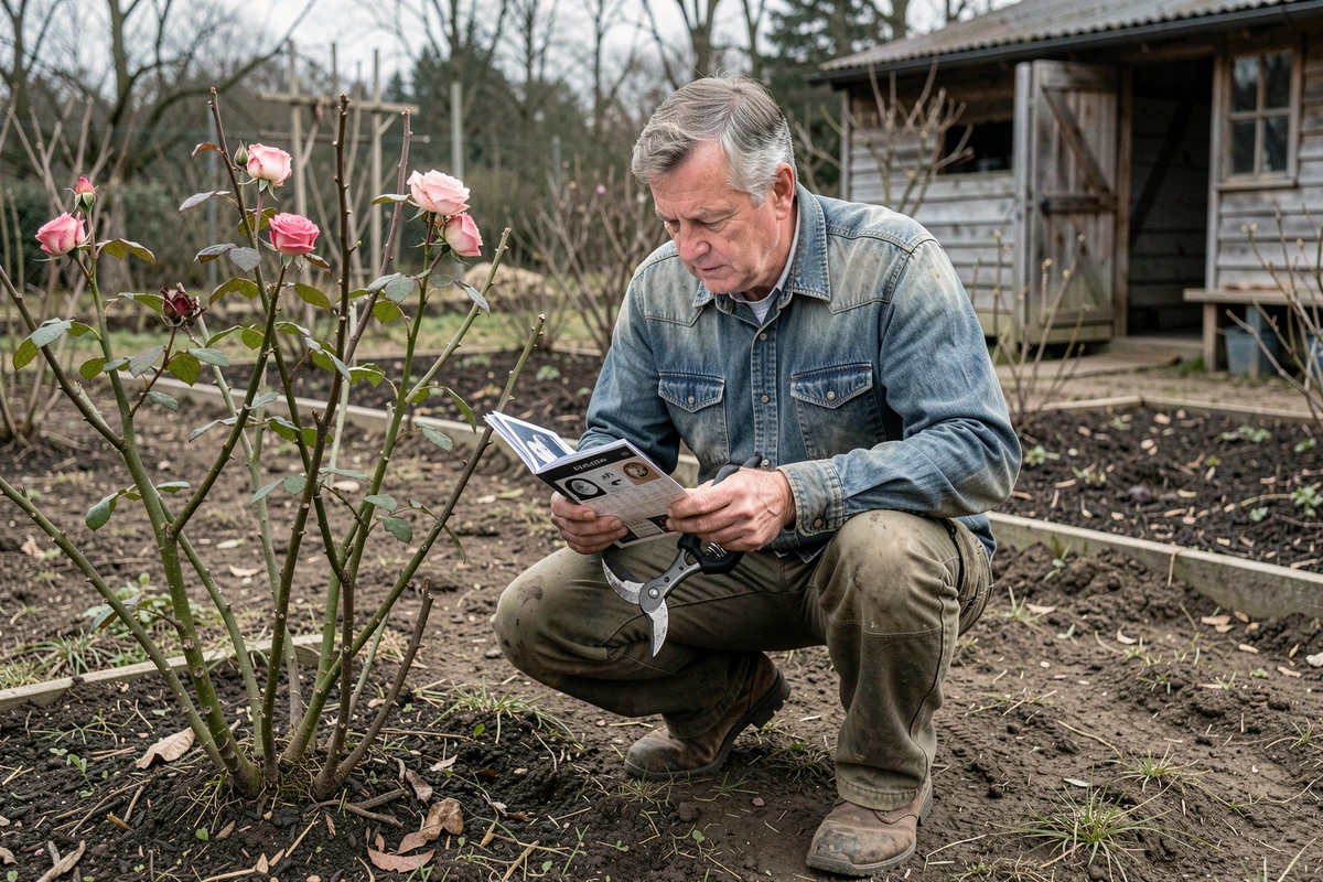 Jardinier senior consultant un calendrier lunaire avant de tailler un rosier en hiver dans un potager rustique