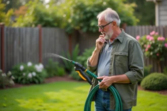 Homme d'âge moyen examinant un tuyau d'arrosage dans son jardin