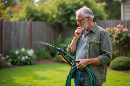 Homme d'âge moyen examinant un tuyau d'arrosage dans son jardin