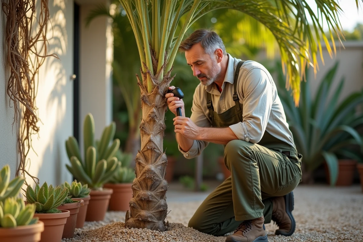 Jardinier inspectant la couronne d'un palmier Washingtonia pour détecter des larves de papillon palmier dans un jardin méditerranéen
