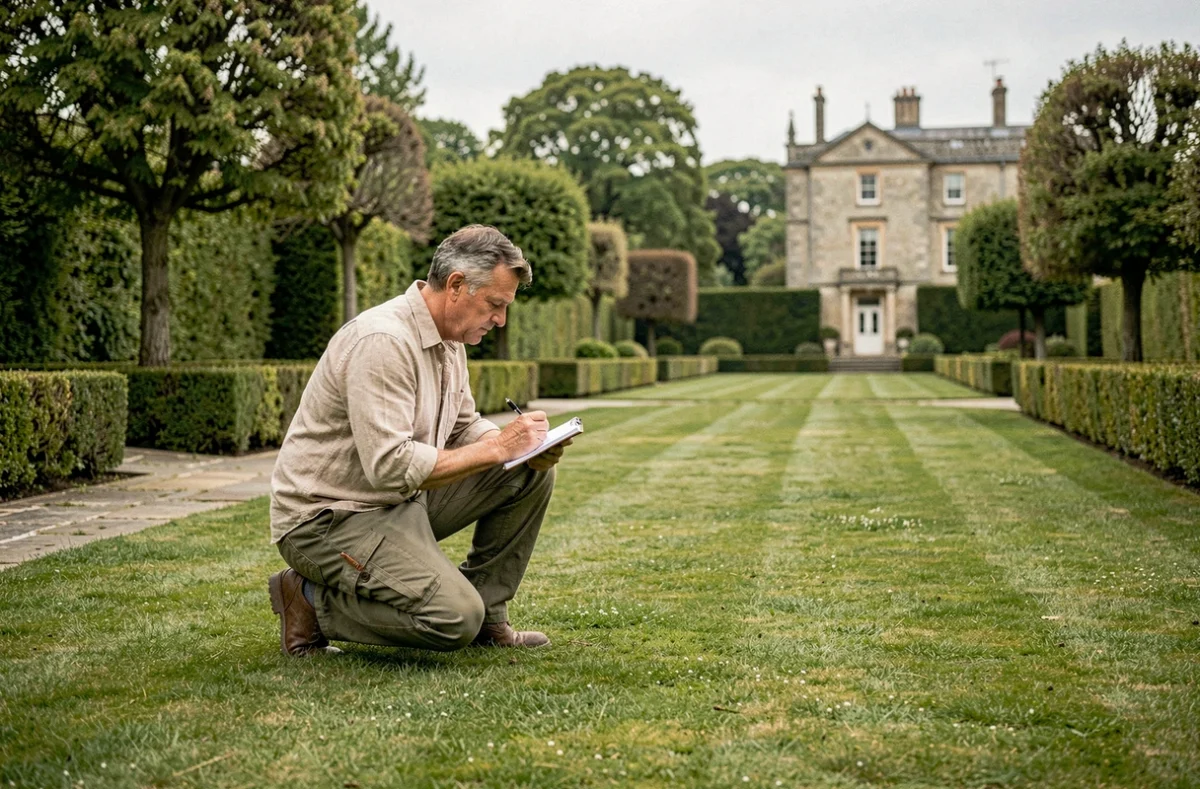 Jardinier professionnel évaluant un grand jardin paysager pour établir un devis précis