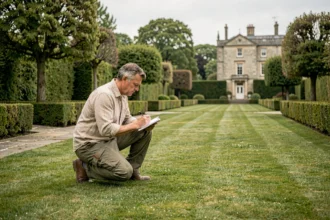 Jardinier professionnel évaluant un grand jardin paysager pour établir un devis précis