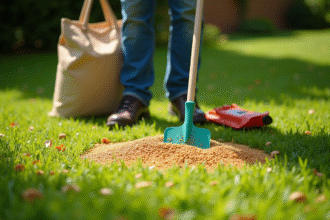 Jardinier étalant du grseed sur une pelouse ensoleillée avec outils