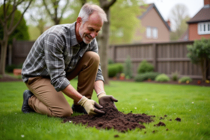 Homme jardinier examinant la terre dans son jardin