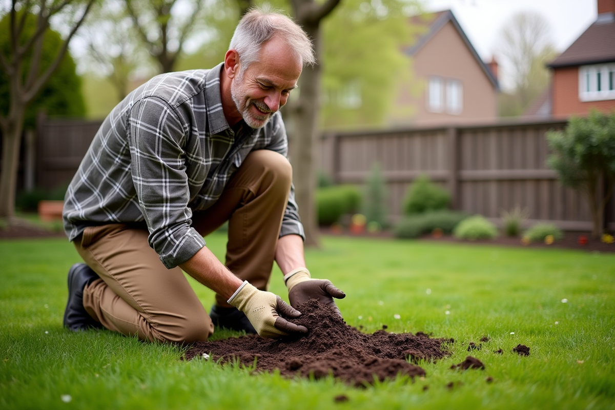 Homme jardinier examinant la terre dans son jardin