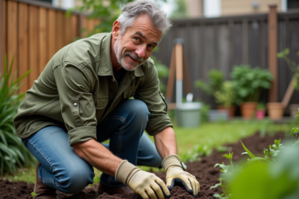 Homme d'âge moyen transplantant des légumes dans un jardin