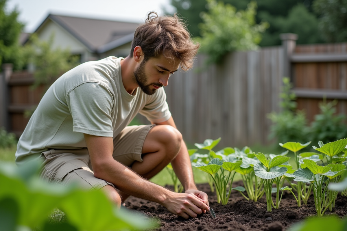Jeune homme vérifiant la température du sol dans son jardin