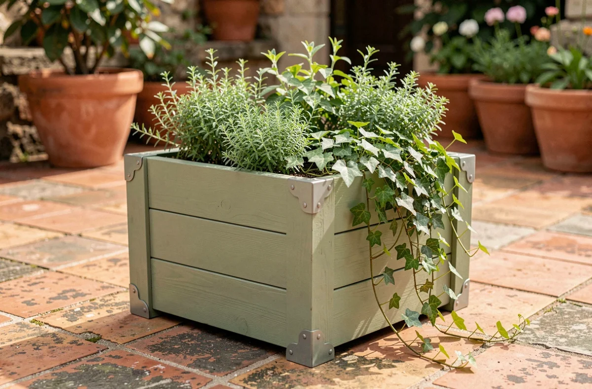 Jardinière en bois décorative peinte en vert sauge posée sur une terrasse en pierre avec plantes retombantes et herbes aromatiques
