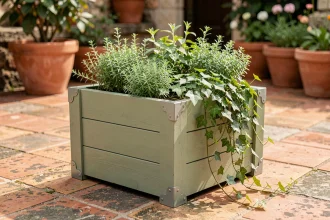 Jardinière en bois décorative peinte en vert sauge posée sur une terrasse en pierre avec plantes retombantes et herbes aromatiques