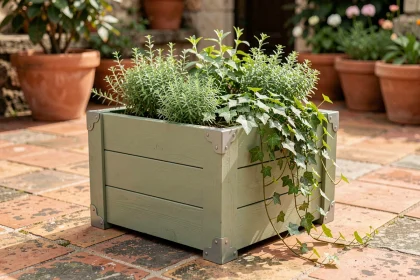Jardinière en bois décorative peinte en vert sauge posée sur une terrasse en pierre avec plantes retombantes et herbes aromatiques