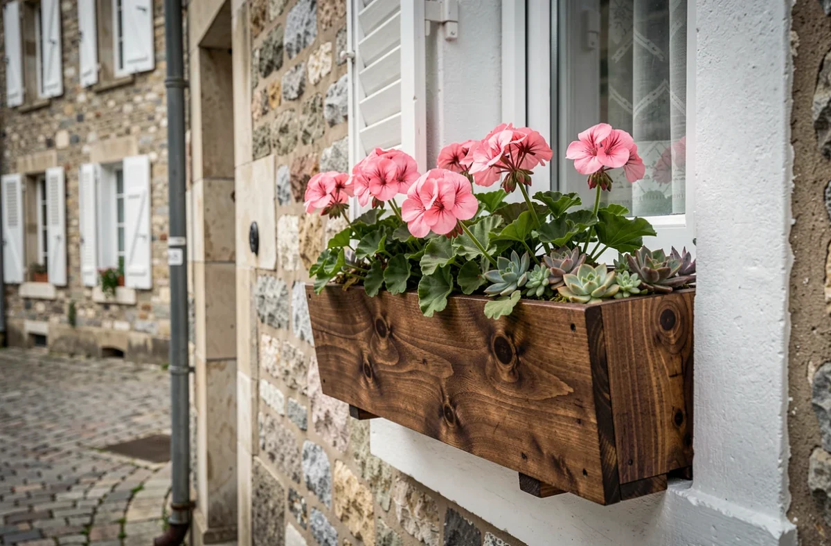 Jardinière en bois teintée posée sur un rebord de fenêtre en pierre avec géraniums roses et succulentes, façade maison française