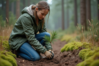 Jeune femme plantant un jeune pin dans la forêt